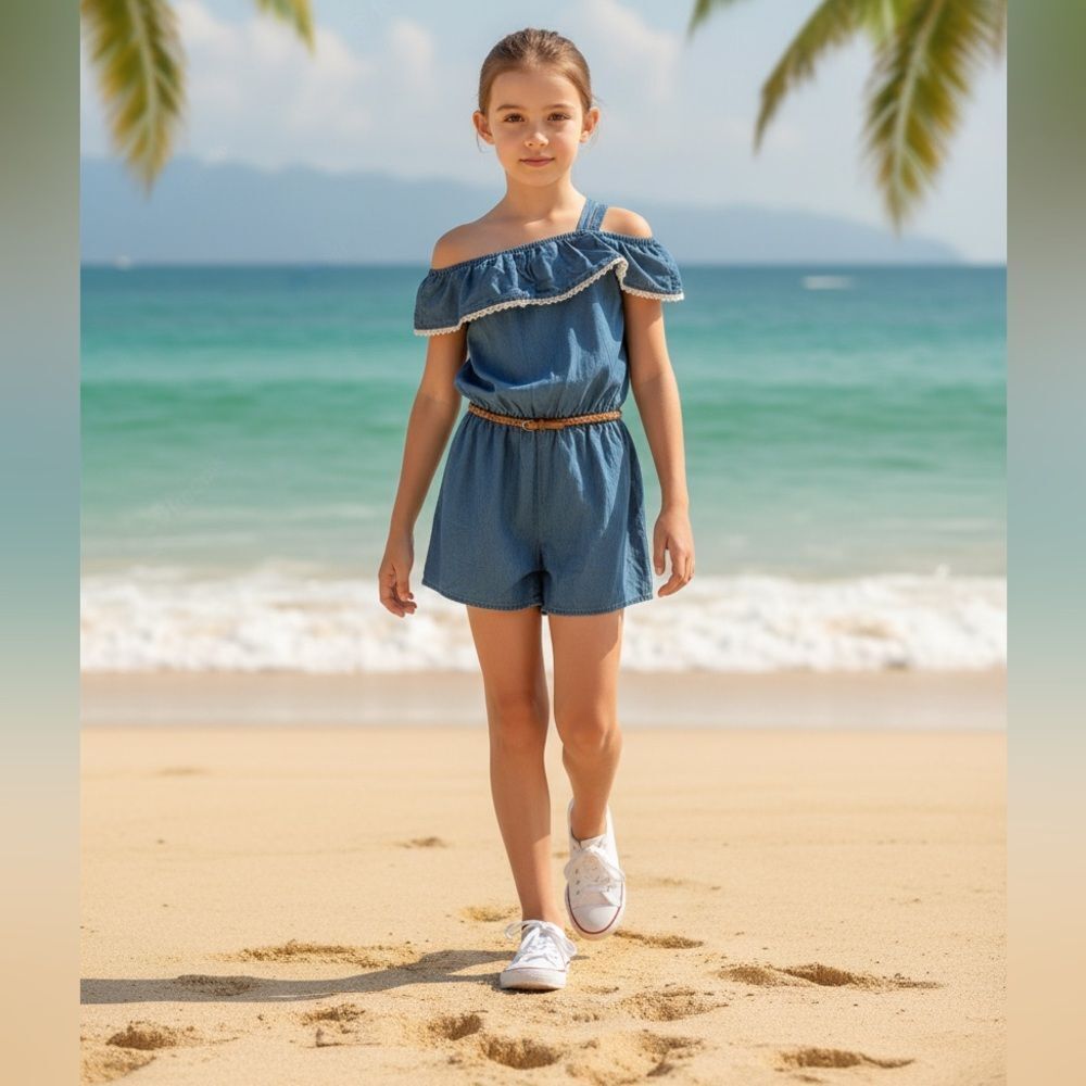 NWOT Justice Girls Blue Denim One Piece Off Shoulder Romper - Size 14